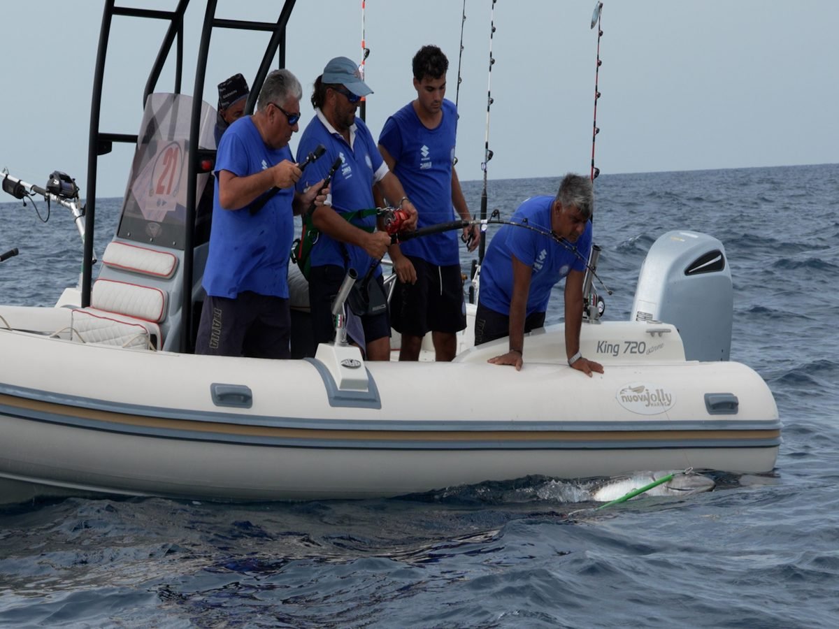 Un tonno portato sotto bordo durante una giornata di gara